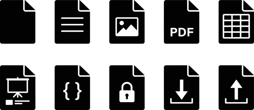 File Icons Collection Set Featuring Document Image PDF Spreadsheet Code Security Upload And Download Symbols