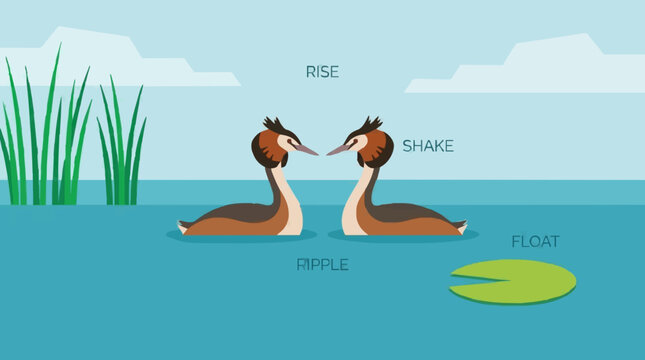 Grebes on Water Surface Flat Design Vector Illustration