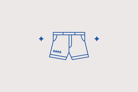Denim shorts with mending patch line icon for clothing repair. Vector illustration for tailor sewing studio, eco-friendly upcycling apparel guide.