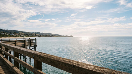 Fototapeta premium Wooden pier over the ocean. Scenic coastal view with calm blue water.