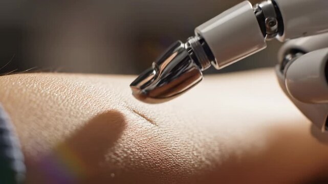 Robotic arm with metallic tip gently touches human skin, creating a visible mark in a close-up view, showcasing advanced technology in a clinical setting
