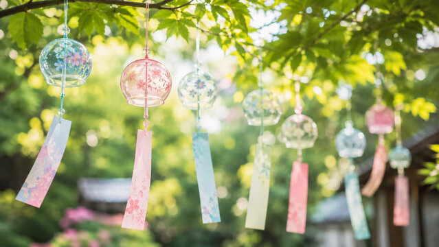 Colorful wind chimes hanging from a tree. Decorative outdoor ornaments.