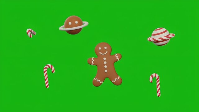 Gingerbread cookie and candy cane floating across green screen with playful cosmic elements