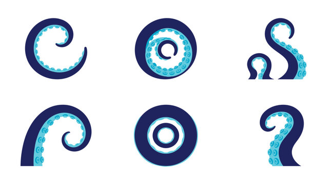 Collection of stylized octopus tentacles and suction cups in dark blue and turquoise, abstract marine life elements, vector graphics for design