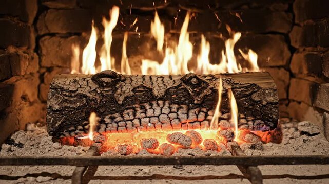 Burning log in a fireplace with flames and glowing embers, creating a warm ambiance in a rustic stone setting, showcasing the continuous fire progression