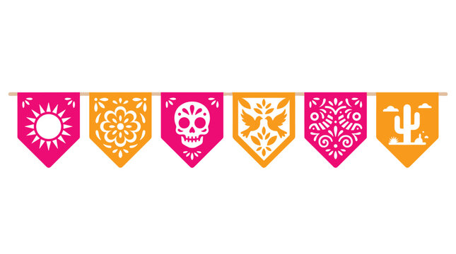 Papel picado banner with sun, flower, skull, birds, floral pattern, and cactus designs, festive string decoration for Day of the Dead celebrations and Mexican folk art themes