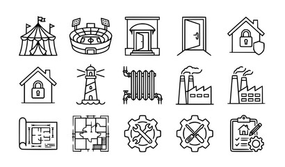 Fototapeta premium Architecture and facility outline icon collection vector illustration