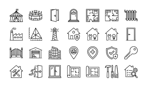 Circus stadium and building facility editable line icon set vector