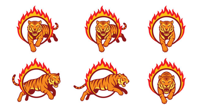 Pixel art tigers jumping through fiery hoops, circus performance, retro game style, set of six icons
