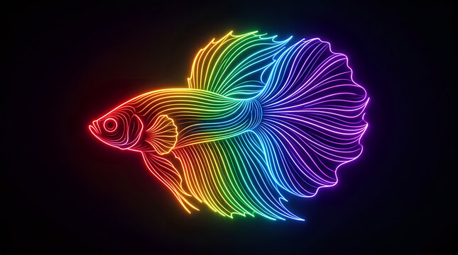 Colorful rainbow spectrum neon outline of a siamese fighting fish with spectrum