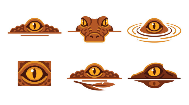 Set of pixel art alligator eyes and heads emerging from water and land, playful and cute cartoon style, isolated elements for design