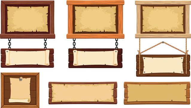 Wooden Signboard Vector Icon Set with Blank Old Paper Scrolls Hanging on Chains and Ropes for Game UI Design and Banners
