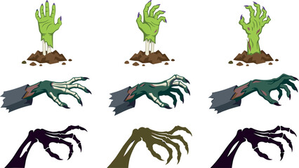Fototapeta premium Zombie Hand Vector Icon Set with Creepy Green Monster Claws and Undead Arms Rising from Ground for Halloween Graphic Designs