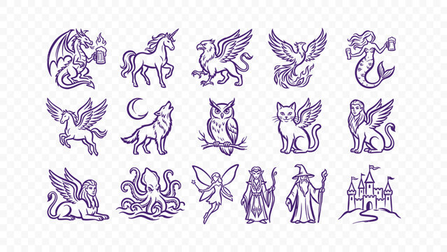 fantasy mythology and magic doodle handmade ink scribble flat line art vector illustration icon bundle set calligraphy drawing design mythical creature and fairytale elements