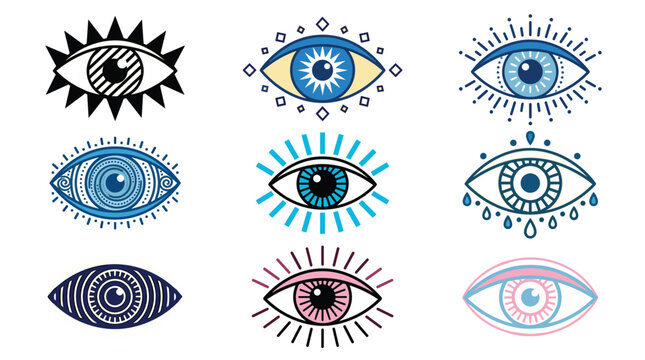 Evil Eye Icon Set with Decorative Boho Style Amulet Symbol in Blue and Pink Vector Illustration Collection