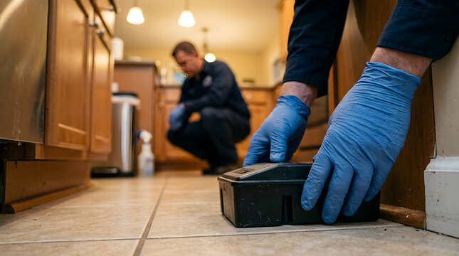 Pest control professional placing traps in residential kitchen floor with extermination inspection professional technician sanitation infestation treatment protection cleaning