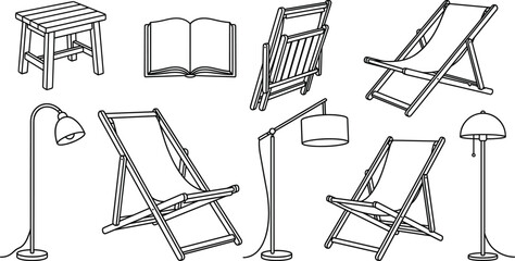 Comfortable Outdoor Deckchair and Floor Lamp Icon Set with Folding Lounge Chairs Wooden Stool and Open Book Vector Line Art for Patio Interior Catalogues © tofajjol studio