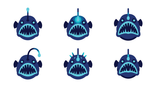 Set of six pixel art anglerfish icons with glowing lures and sharp teeth, deep sea creatures, digital illustration, blue and black palette