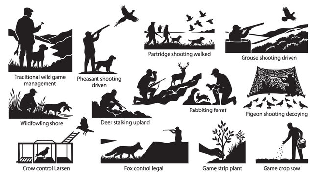 Game management and hunting practices, a comprehensive icon set illustrating various traditional and modern methods of game control.