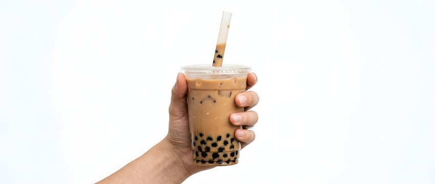 Hand holding refreshing iced milk tea with tapioca pearls and straw