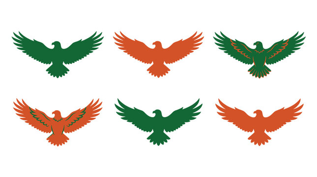 Set of stylized pixel art eagles in flight, graphic emblems in green and orange, vector icons for sport teams or national symbols