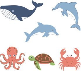 Fototapeta premium Charming blue whale, playful dolphins, curious octopus, ancient turtle, and vibrant crab in a serene aquatic collection, perfect for children's designs and marine themes.