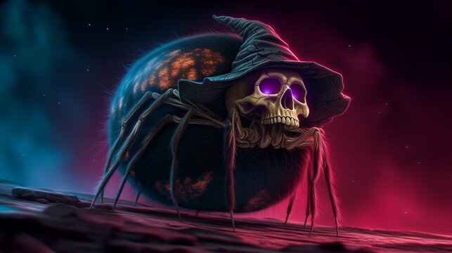 Fearsome hairy spider monster with skull head and ragged witch hat, glowing violet eyes, neon dark fantasy Halloween beast illustration suitable for posters, game art and horror themed layouts