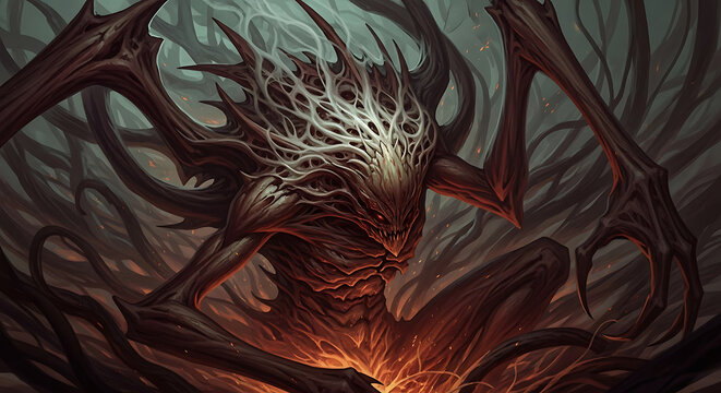 Dark fantasy of a terrifying spiky creature emerging from shadows with glowing embers and intricate veiny textures in a gloomy forest