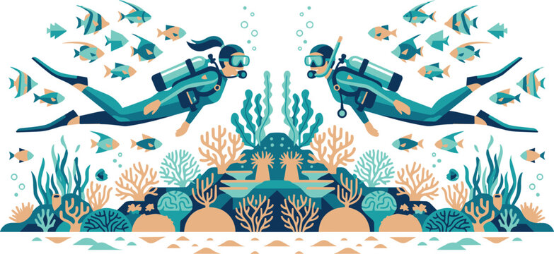 Two divers explore a vibrant coral reef teeming with marine life, rendered in a clean, minimalist vector style with a serene blue and green palette.