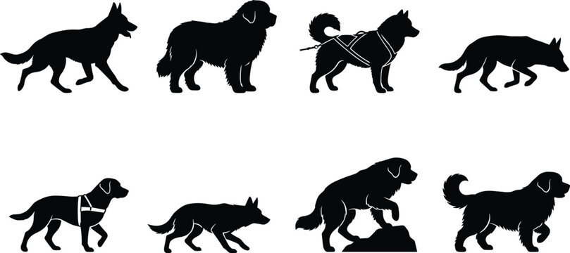 Collection of Dog Silhouettes Featuring Various Breeds and Poses for Pet Design Projects
