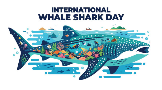 A giant whale shark illustration featuring colorful coral reefs and scuba divers for awareness day celebrations
