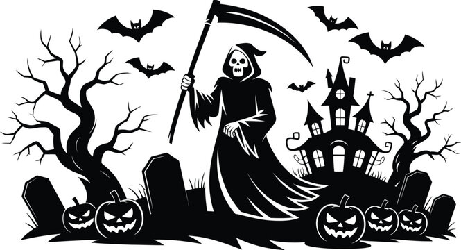 Halloween grim reaper with haunted house, pumpkins, bats and cemetery spooky vector illustration isolated on white background design