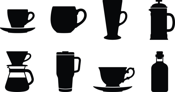 Collection of Coffee Cup and Brewing Equipment Silhouettes for Caf&eacute; and Beverage Design