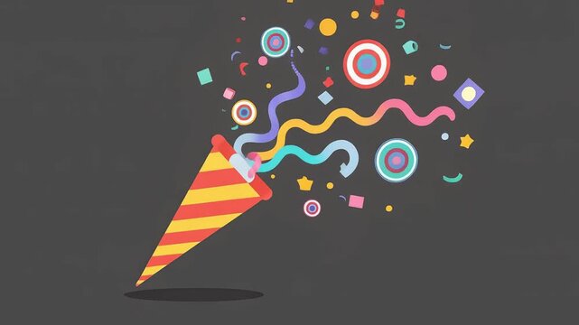 Colorful party popper exploding with confetti on dark background