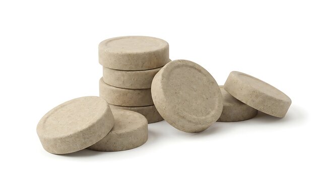 A small pile of round beige compressed natural fiber eco friendly cleaning tablets for laundry. eco-friendly jar caps