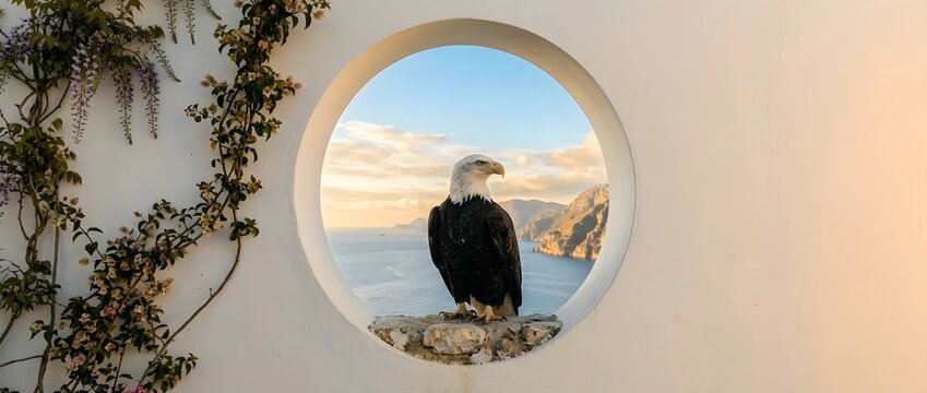 Majestic eagle perched overlooking vast ocean vista framed by circular opening