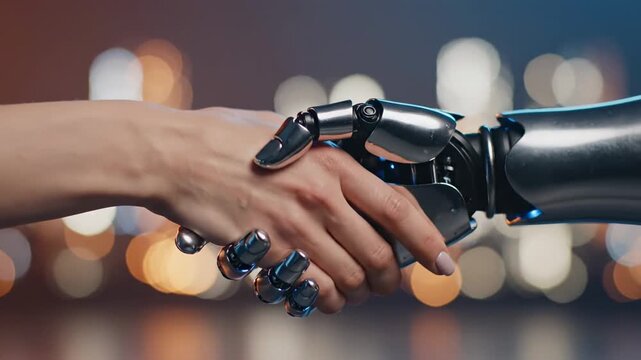 Human hand and robotic hand engage in a handshake, showcasing the connection between technology and humanity against a blurred cityscape background at night