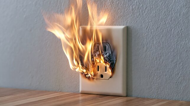 Electrical wall outlet catching fire with flames near wooden desk short circuit household hazard home insurance safety concept