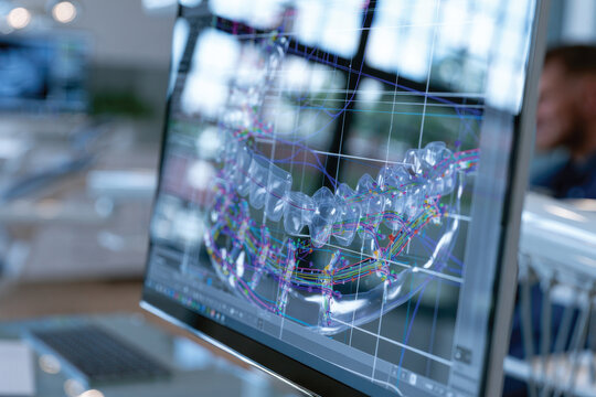 A focused view of an innovative computer simulation showing orthodontic braces design and adjustment paths for enhanced treatment effectiveness in modern dentistry.