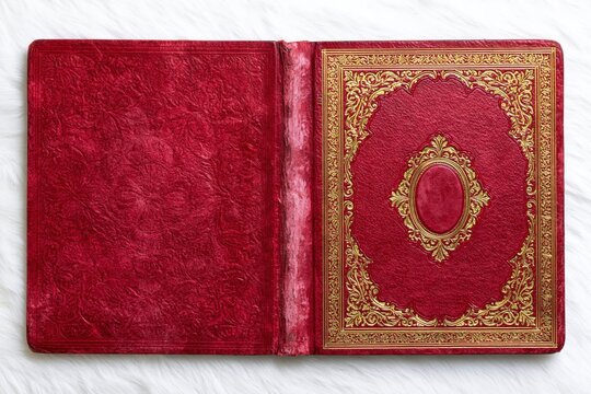 The ornate red leatherbound book with gold embossed cover on open pages