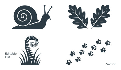 Nature Silhouette Icon Collection With Snail, Oak Leaf, Fern Frond, And Animal Paw Prints, Minimal Black Vector Elements For Camping, Hiking, Wildlife, Environmental, And Botanical Design Projects. © Kh
