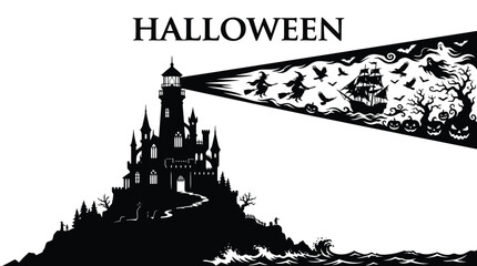 Obraz premium Dark silhouette of a spooky haunted lighthouse casting a beam filled with classic Halloween icons