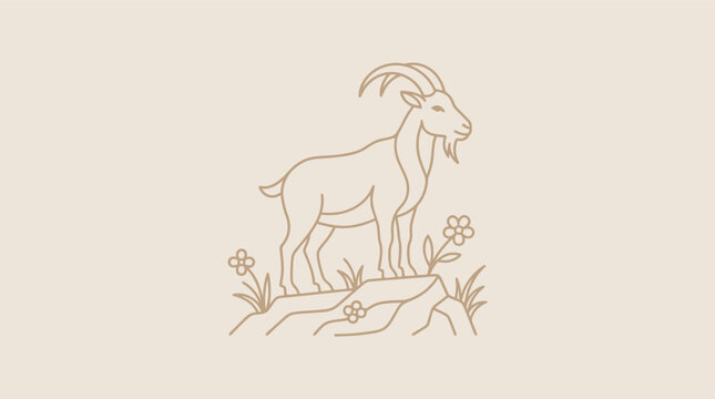 Minimalist vector illustration of a goat zodiac animal standing on a rocky outcrop with small flowers, featuring clean continuous line art style on a neutral beige background.