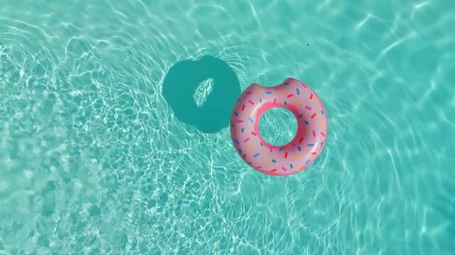 Top view of pink donut inflatable float in turquoise swimming pool