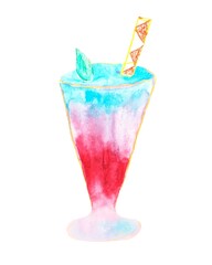 Hand-drawn watercolor children's drawing of a drink in a glass. Pink watermelon lemonade with mint leaf, cocktail for children, beach party. © Екатерина Мерзлякова