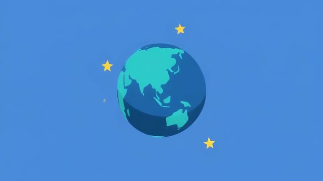 Animated Earth spinning with glowing particles in a clean blue studio environment