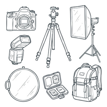 Line drawing of various photography equipment including a camera, tripod, softbox, flash, reflector, backpack, and case on a white background.
