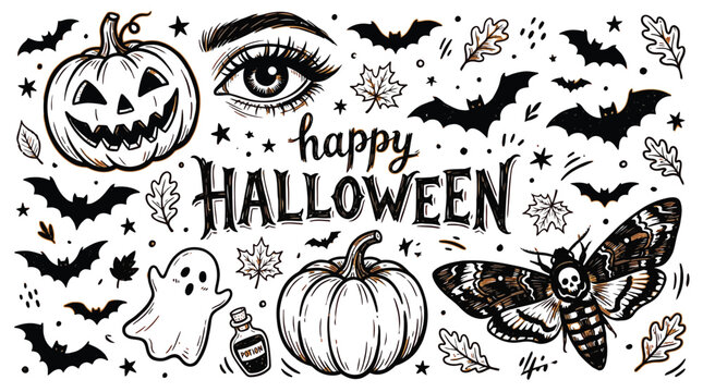Hand drawn spooky halloween elements including pumpkins bats a moth and a mysterious human eye