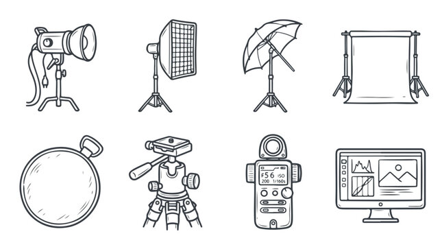 Line drawings of various photography equipment and devices on a white background.