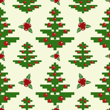 Christmas New Year's pixel seamless pattern with festive trees, red berries. Retro knitted style, Traditional pixel ethnic pattern. Knitted cross stitch Christmas winter sweater pattern, vector